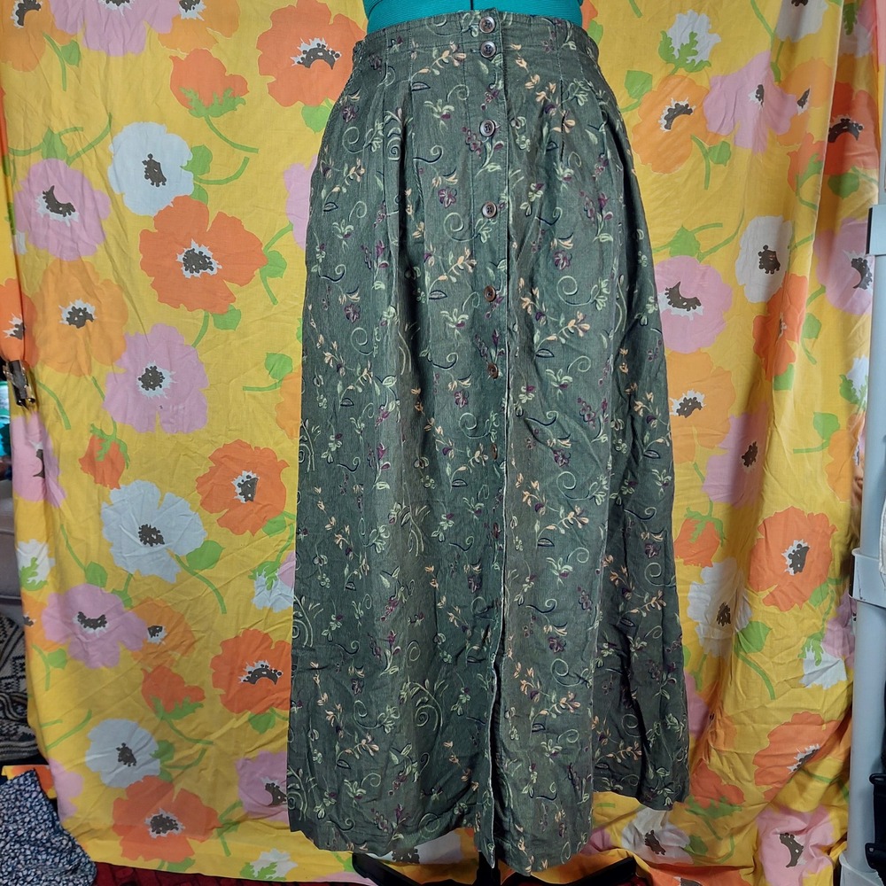 Northern Traditions Vintage 90s Floral Corduroy Button Front Maxi Skirt Green L